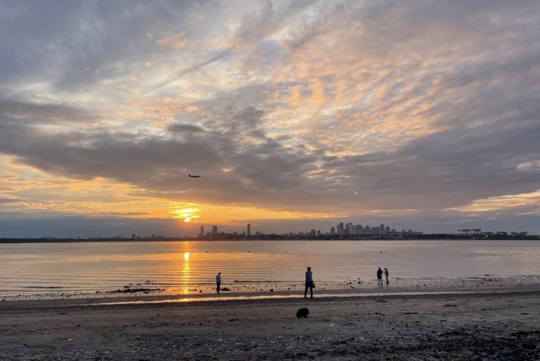 sunset over the Boston Harbor.