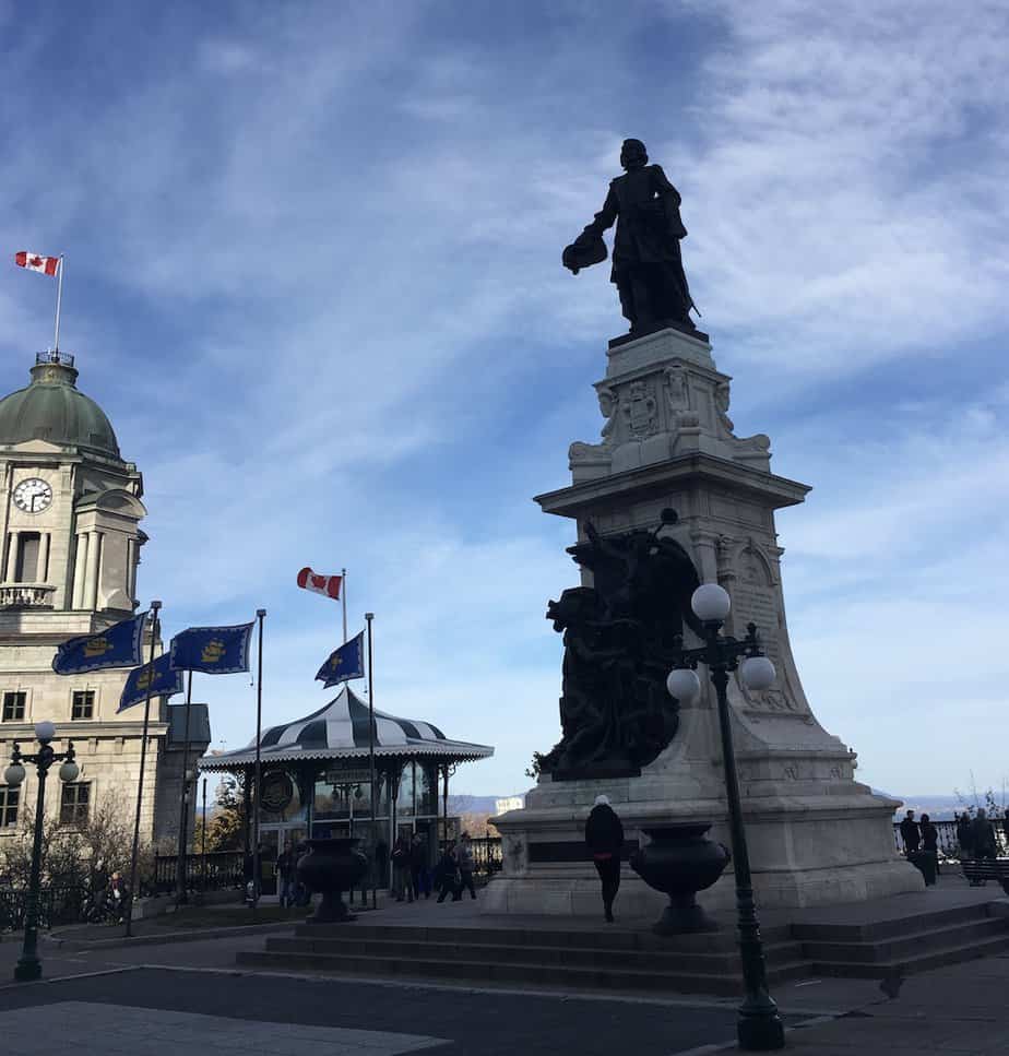 A statue of Samuel Champlaiin on Dufferin Terrace.