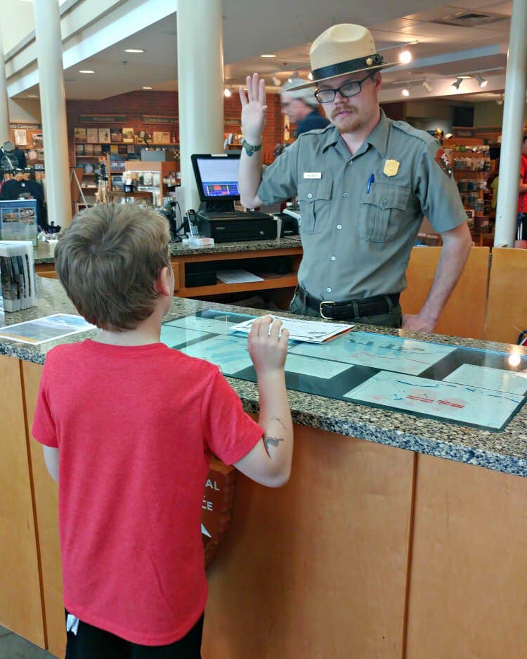 Kid and Park Ranger at Kennesaw Mountain National Battlefield.